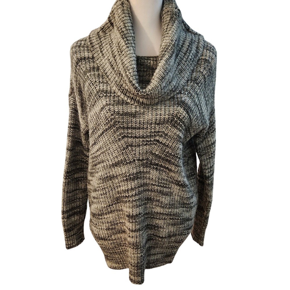 LOFT Women's Gray Black Space Dye Striped Cowl Neck‎ Chunky Knit Sweater Size S